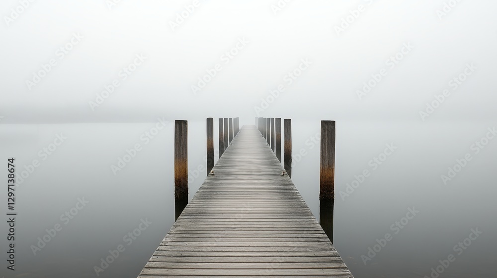 Fototapeta premium Misty Lake Pier at Dawn Disappearing into Soft White Fog