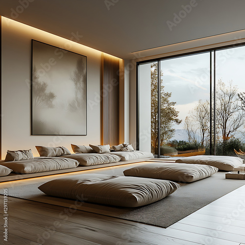 minimalist living room with low, wide furniture and large windows showcasing serene outdoor view. room features soft lighting and calming atmosphere, enhanced by neutral tones and simple decor