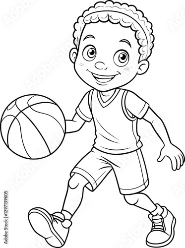 African American Boy Playing Basketball Coloring Page – Black and White
