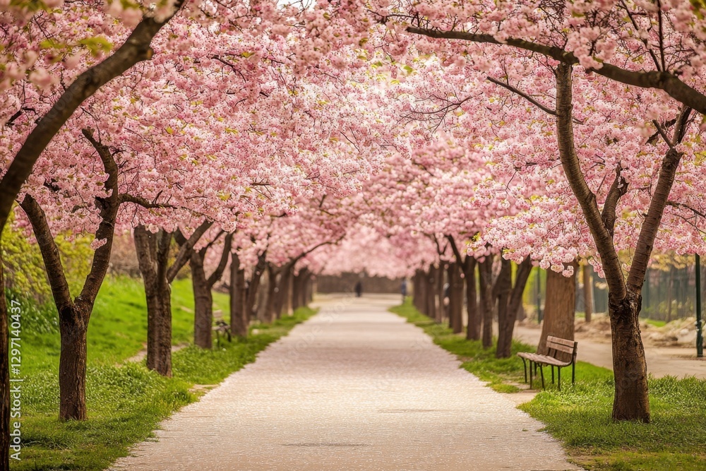 Blossom Canopy: A serene park pathway lined with cherry trees in full bloom, creating a pink floral tunnel effect. Blossom Canopy: A serene park pathway lined with cherry trees in full bloom, creating a pink floral tunnel effect.