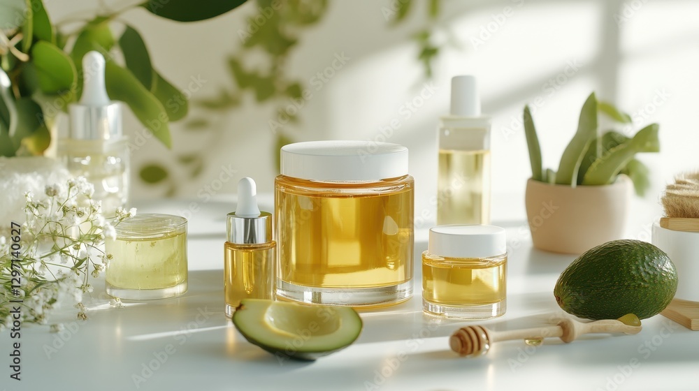 a beauty concept emphasizing wellness and natural ingredients like honey, avocado, and aloe vera, displayed alongside skincare products in a botanical environment a beauty concept emphasizing wellness and natural ingredients like honey, avocado, and aloe vera, displayed alongside skincare products in a botanical environment
