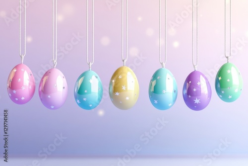 Colorful Easter eggs hanging on string create a festive garland with a cheerful pastel background for spring decoration photo