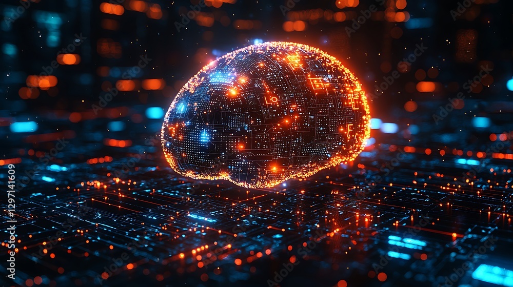 Illuminated Digital Brain Hovers Above Circuitry Illuminated Digital Brain Hovers Above Circuitry