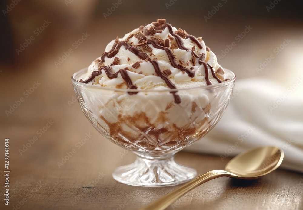 Delicious dessert with creamy vanilla ice cream topped with whipped cream and chocolate syrup in a elegant glass bowl on rustic wooden background Delicious dessert with creamy vanilla ice cream topped with whipped cream and chocolate syrup in a elegant glass bowl on rustic wooden background