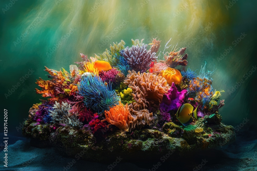 Naklejka premium Vibrant underwater scene showcasing a diverse coral reef ecosystem teeming with colorful corals and fish.