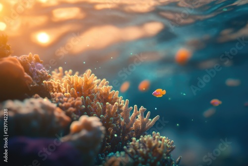 Fototapeta Naklejka Na Ścianę i Meble -  Vibrant coral reef scene at sunset, showcasing colorful fish and intricate coral formations.