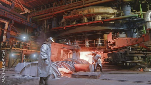 Steel foundry. Spacious workshop with a large metallurgical furnace.