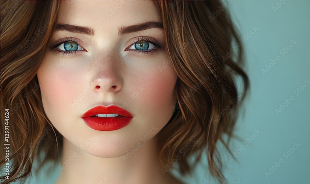 Beautiful Woman Portrait Red Lips Brown Hair Blue Eyes Makeup Fashion Model Attractive Girl Gorgeous Female Face Closeup Beautiful Woman Portrait Red Lips Brown Hair Blue Eyes Makeup Fashion Model Attractive Girl Gorgeous Female Face Closeup