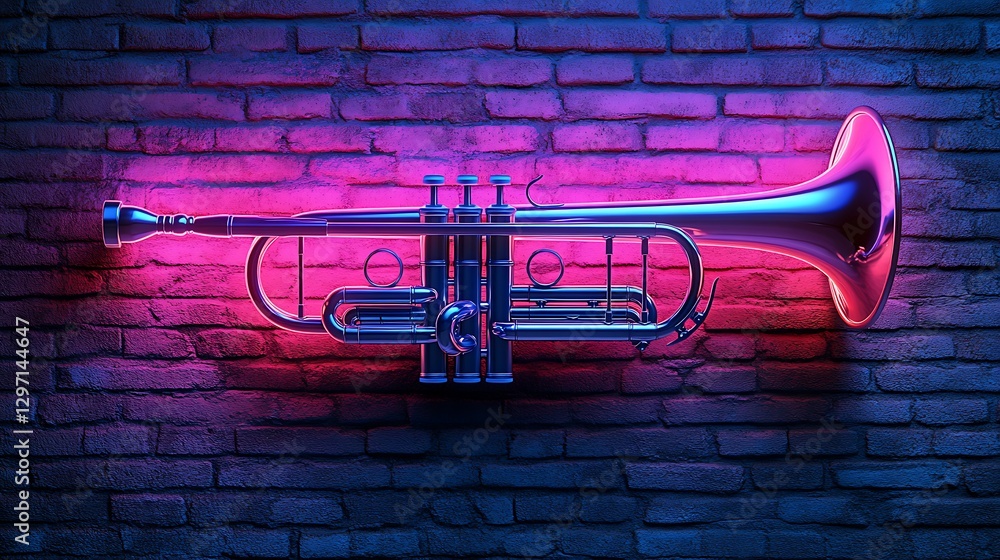 Fototapeta premium Abstract neon trumpet on wall high resolution hd image