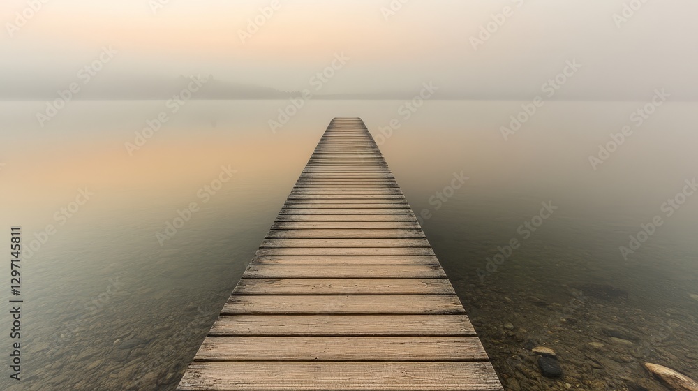 Fototapeta premium Misty Sunrise Over Secluded Wooden Pier Stretching Into Tranquil Lake
