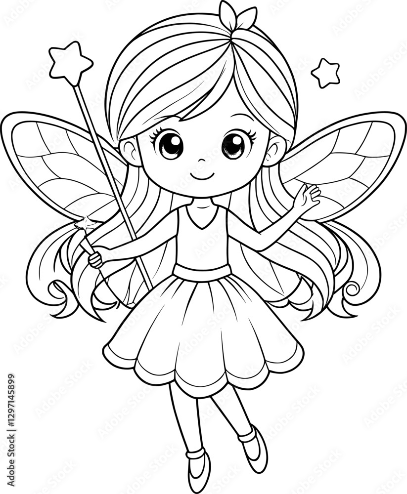 Fairy with a Wand Coloring Page – Black and White Fairy with a Wand Coloring Page – Black and White