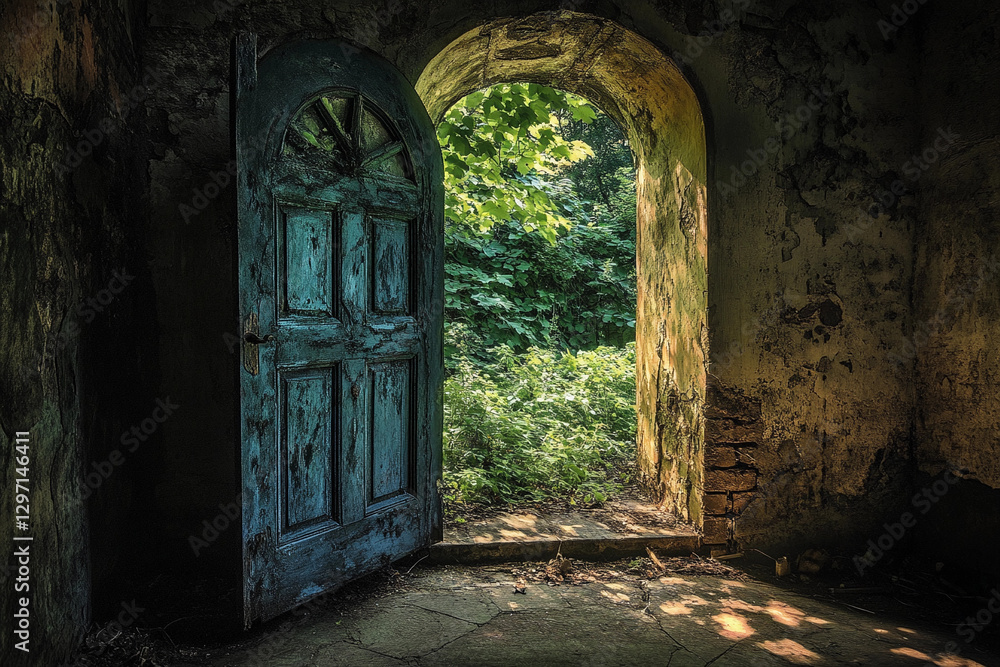 Fototapeta premium door ajar: old open doorway, old rustic wooden door, Open Doorway in Aged Stone Wall with Rustic Charm