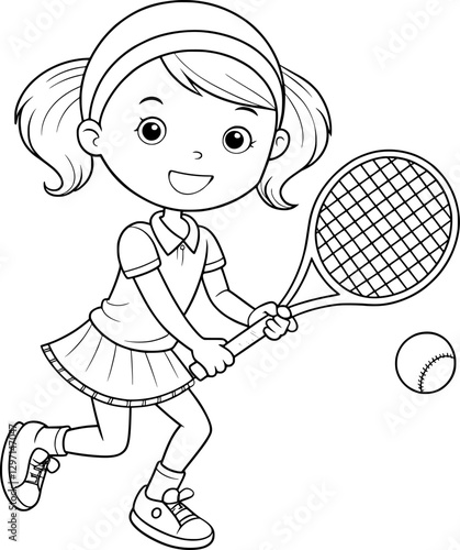 Girl Playing Tennis Coloring Page – Black and White