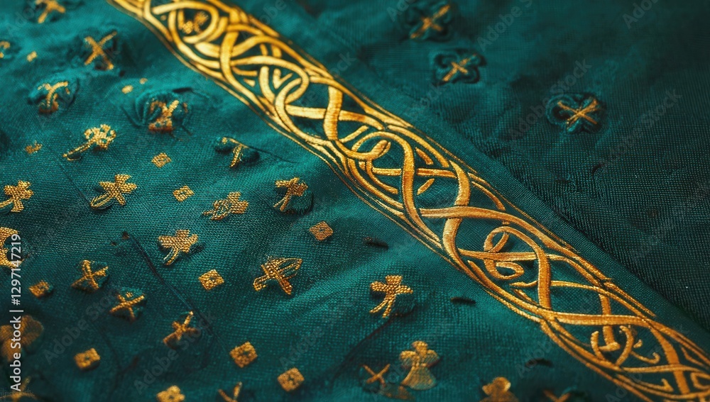 Luxurious emerald green fabric with intricate gold embroidery featuring Celtic knot patterns and shamrock motifs. rich texture metallic details create sophisticated and culturally inspired design Luxurious emerald green fabric with intricate gold embroidery featuring Celtic knot patterns and shamrock motifs. rich texture metallic details create sophisticated and culturally inspired design