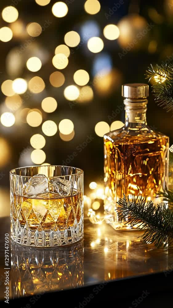 Elegant whiskey glass with ice beside decorative bottle and twinkling lights during festive celebration Elegant whiskey glass with ice beside decorative bottle and twinkling lights during festive celebration