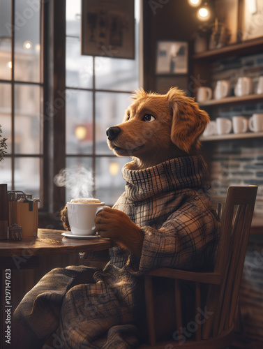 Caramel-colored dog enjoying coffee in a cozy cafe setting on a chilly afternoon