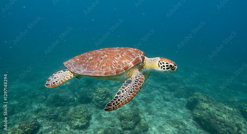 Fototapeta premium A Hawksbill Sea Turtle gracefully swims through a vibrant coral reef habitat its carapace showcasing unique markings The underwater scene is bathed in soft natural light