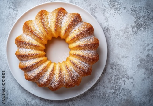 Delicious round bundt cake dusted with powdered sugar on a white plate, surrounded by a textured gray background showcasing its intricate design