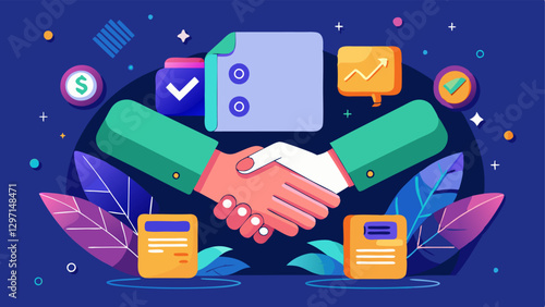Supplier Relationships Two hands shaking with a digital contract floating above them symbolizing strengthened supplier relationships due to instant payments facilitating faster