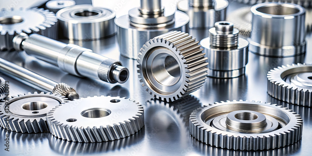 Close-up details of various metal gears and machine components arranged on a shiny surface show the precision and craftsmanship in industrial manufacturing design Close-up details of various metal gears and machine components arranged on a shiny surface show the precision and craftsmanship in industrial manufacturing design