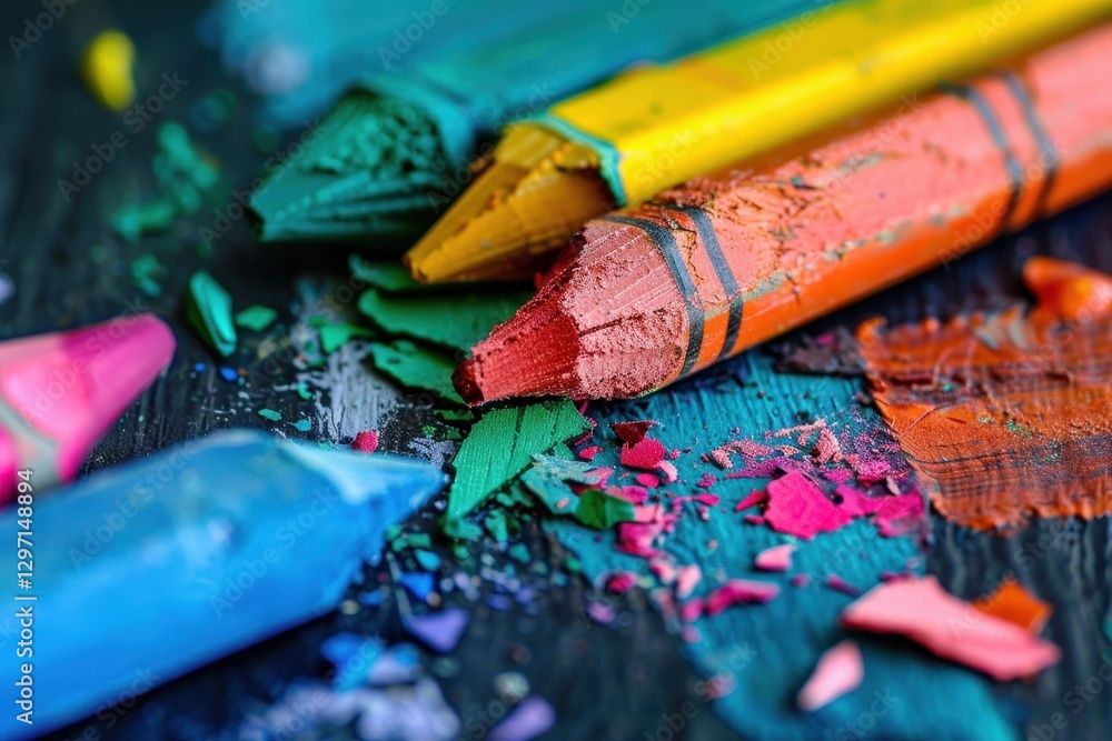Obraz premium Vibrant broken crayons on wooden surface colorful art supplies creative workspace