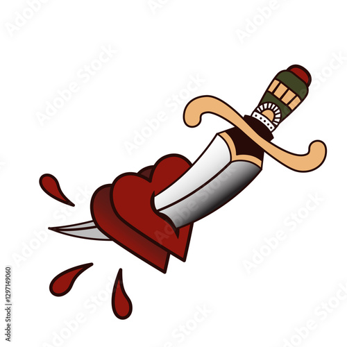Traditional Tattoo Style Pierced Heart with Dagger and Blood Drops Vintage Vector Illustration Symbolizing Love Passion Heartbreak Betrayal Strength and Resilience in Classic Old School Ink Design