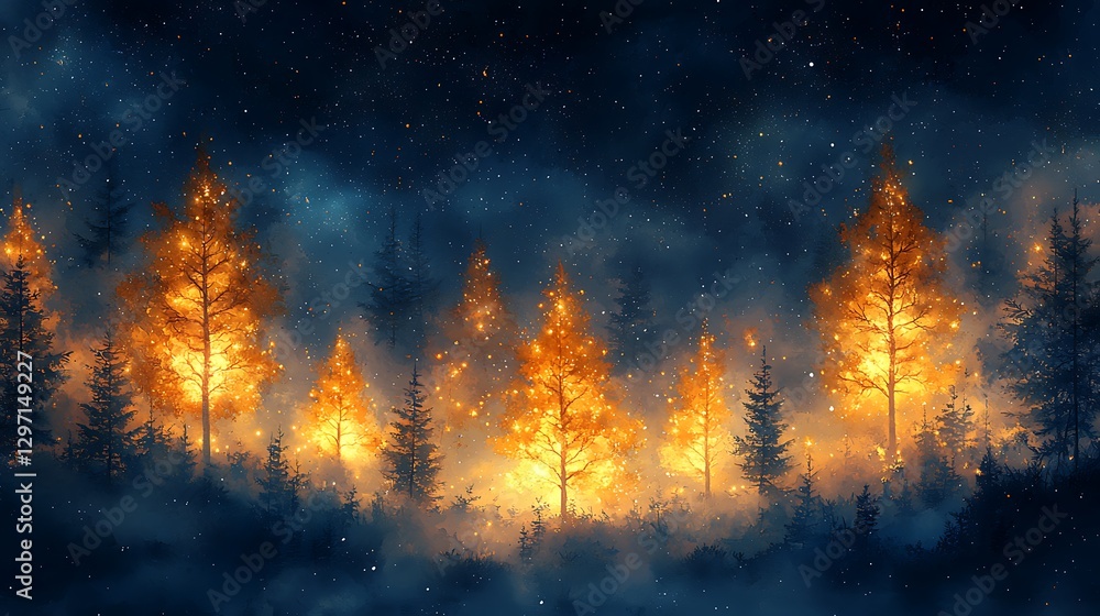 Fototapeta premium Glowing Trees In A Mystical Winter Forest At Night