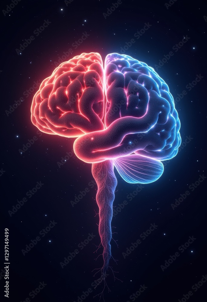 An artistic depiction of a vibrant brain illuminated in red and blue hues, symbolizing creativity, intellect, and technology against a dark cosmic backdrop. An artistic depiction of a vibrant brain illuminated in red and blue hues, symbolizing creativity, intellect, and technology against a dark cosmic backdrop.