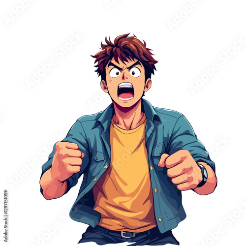 Vsai young man shouting and clenching his fists in anger or excitement