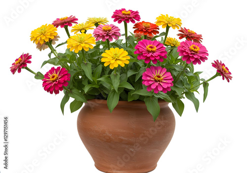 Wallpaper Mural Colorful zinnias in a rustic clay pot against a white isolated background٫ Torontodigital.ca