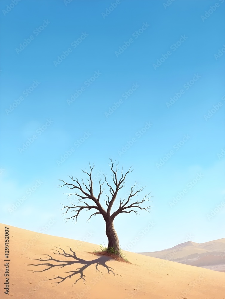 Lonely barren tree on a parched desert landscape under a vast blue sky. Lonely barren tree on a parched desert landscape under a vast blue sky.