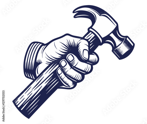 Metallic and wooden hammer in hand. ?onstruction and carpentry tool for woodworking. Handmade or craftsmanship with woodcraft, repair work with wooden materials, timber for craft workshop