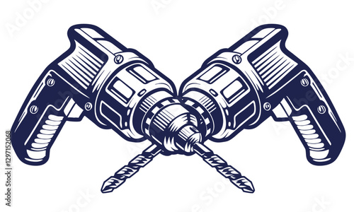 Drill or perforator for carpentry or collection of construction and carpentry tools with screwdriver. Handmade, craftsmanship with woodcraft, repair work with wooden materials for craft workshop