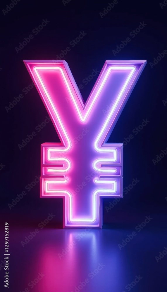 Obraz premium Vibrant neon yen currency symbol illuminated against a dark background, ideal for financial, marketing, and branding projects.