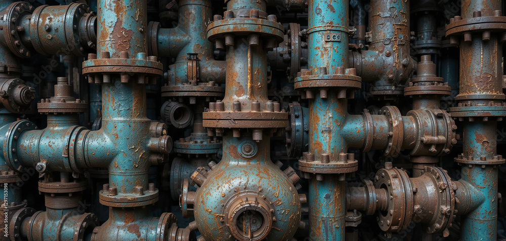 This display features an array of interconnected water pipes, characterized by a rusty blue-green finish, indicating years of industrial use and exposure to the elements This display features an array of interconnected water pipes, characterized by a rusty blue-green finish, indicating years of industrial use and exposure to the elements