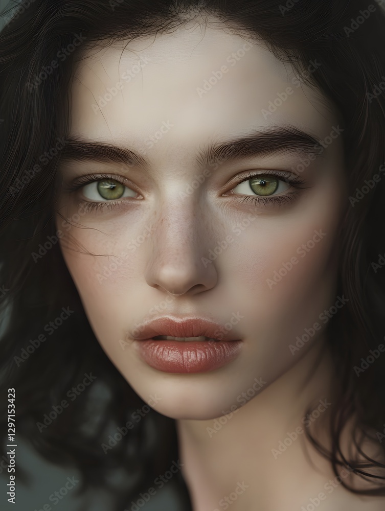 Fototapeta premium Close-up portrait of a stunning woman with deep green eyes, soft skin, and dark wavy hair. Her natural beauty, delicate features, and intense gaze create an enchanting and ethereal aura. 