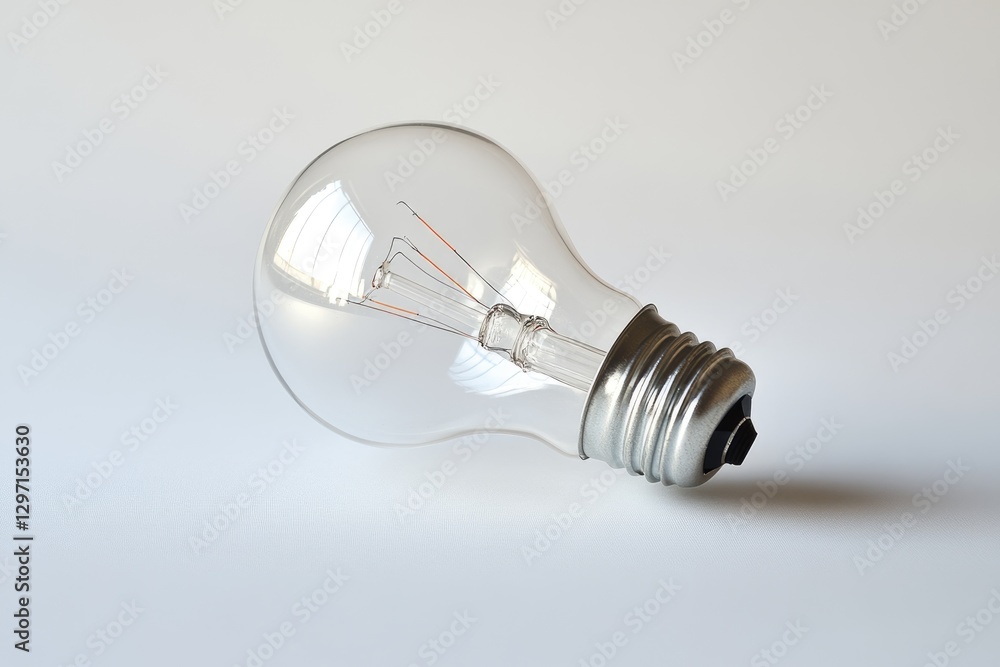 A clear glass light bulb with a metal base rests on a white surface, showcasing its internal structure. A clear glass light bulb with a metal base rests on a white surface, showcasing its internal structure.