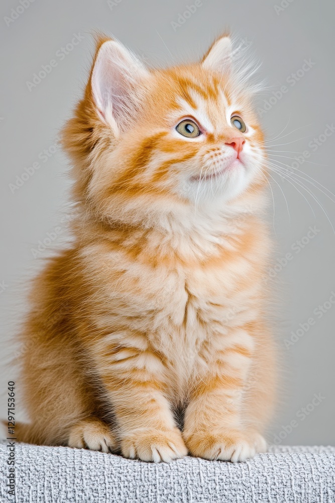 Cute orange kitten sitting upright on a soft surface, gazing curiously in a light-filled indoor space Cute orange kitten sitting upright on a soft surface, gazing curiously in a light-filled indoor space