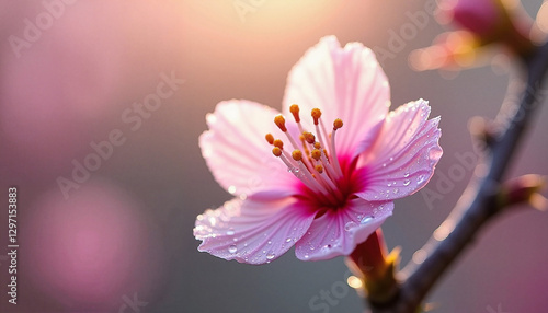 Delicate cherry blossom bud sparkling with morning dew, nature's beauty