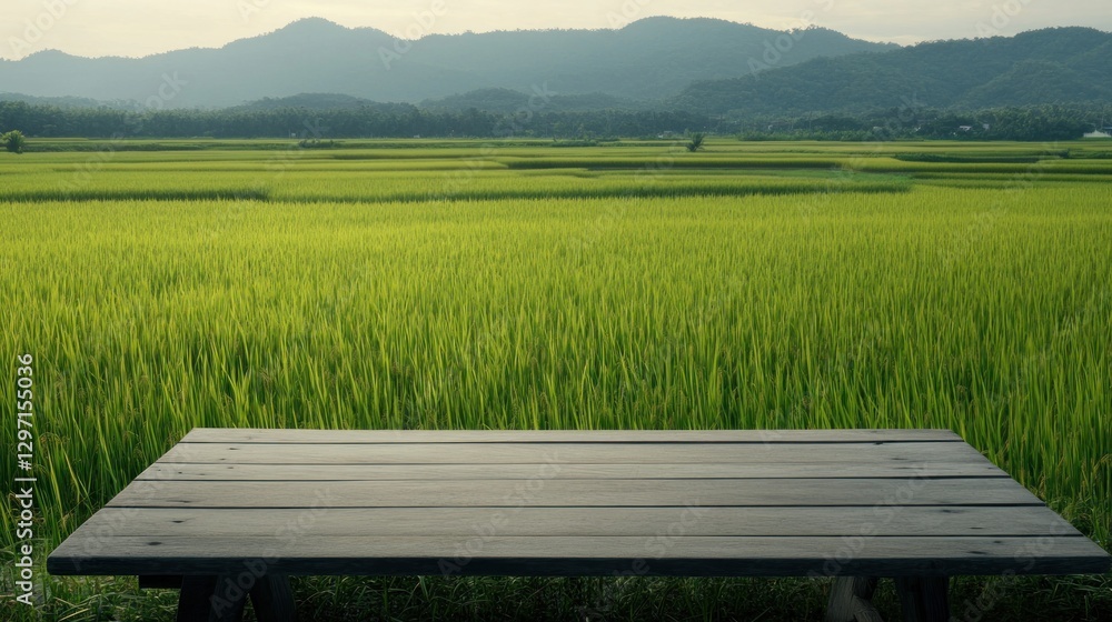 Obraz premium Wooden table with a green rice field and mountains in the background