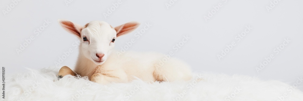 Fototapeta premium A baby goat is laying on a white blanket. The goat is looking at the camera with a curious expression. Concept of innocence and curiosity, as the baby goat seems to be exploring its surroundings