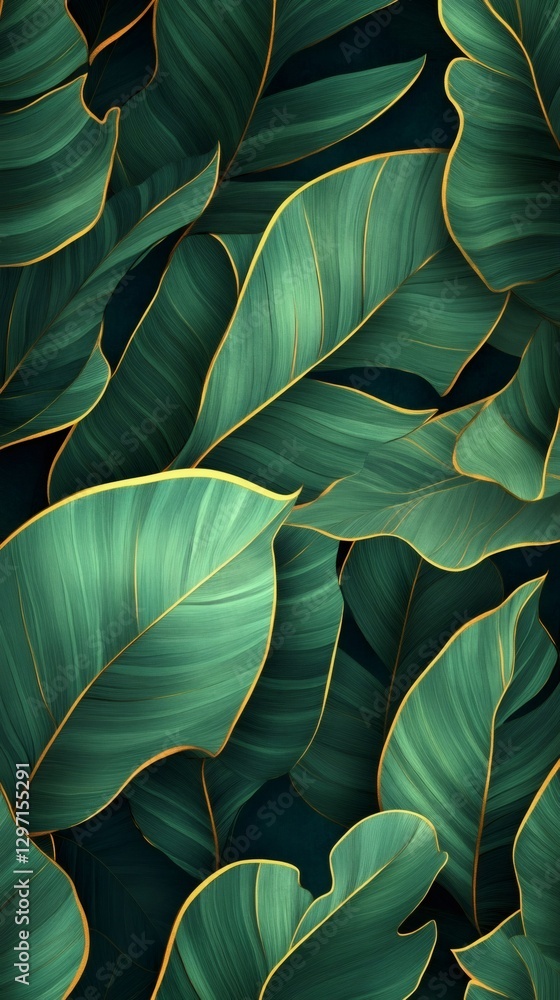 Obraz premium Golden outlines highlighting lush green tropical leaves creating a luxurious natural pattern