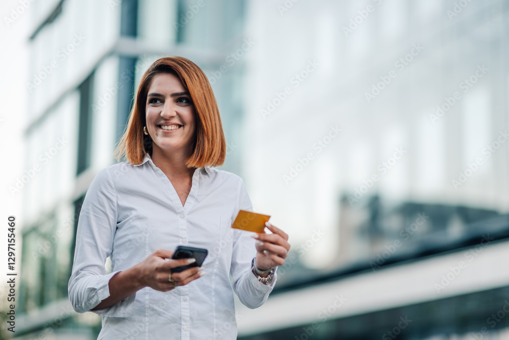Businesswoman holding credit card and smartphone outdoors Businesswoman holding credit card and smartphone outdoors