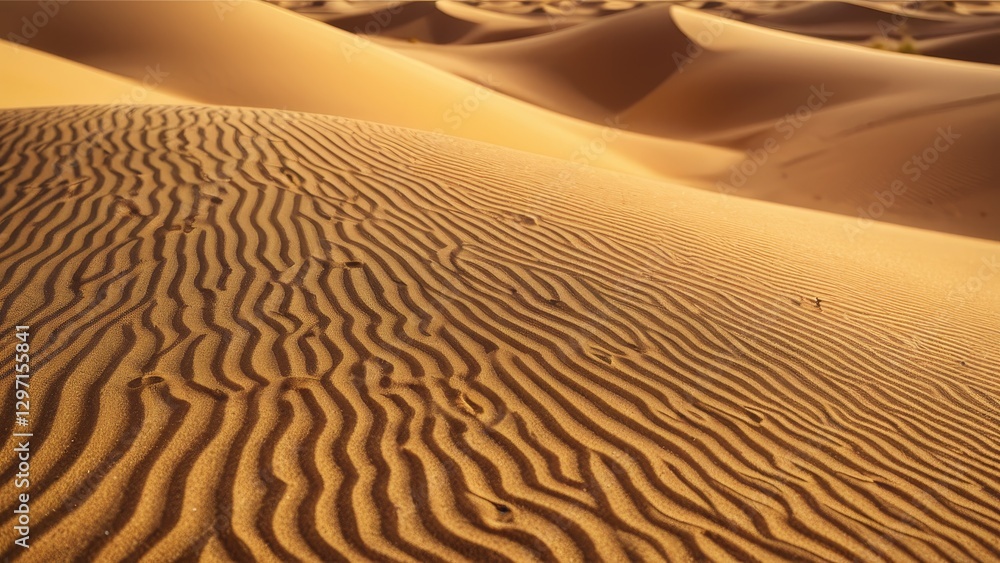 Naklejka premium A tranquil desert scene highlighting endless, undisturbed sand dunes with unique, wavy patterns etched by nature.