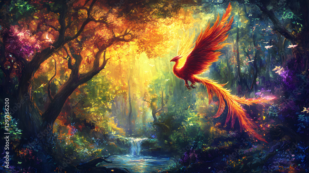 Obraz premium Fantasy Phoenix Soaring Through Vibrant Cloudscape