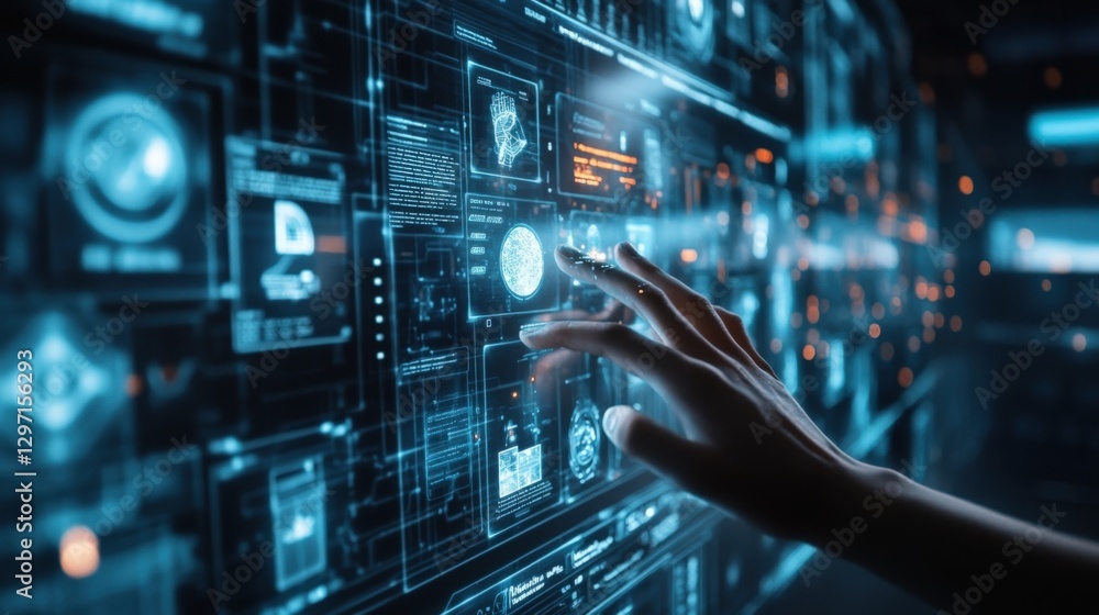 Hand interacting with a complex digital interface, managing data and charts in a futuristic technological environment, touching a virtual screen Hand interacting with a complex digital interface, managing data and charts in a futuristic technological environment, touching a virtual screen