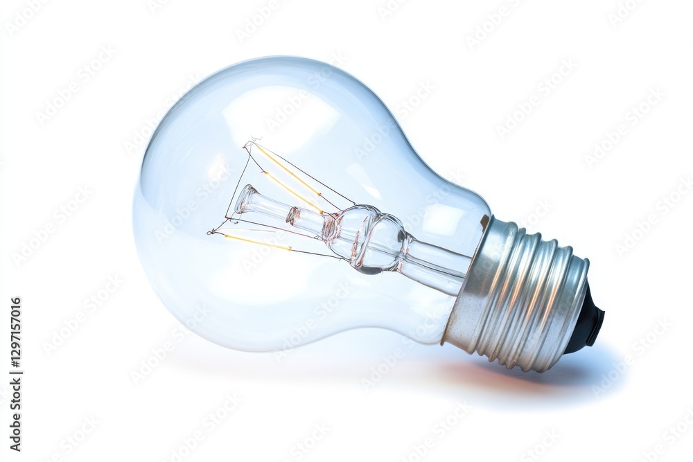 A clear glass light bulb with a visible filament lies on its side against a white background. A clear glass light bulb with a visible filament lies on its side against a white background.