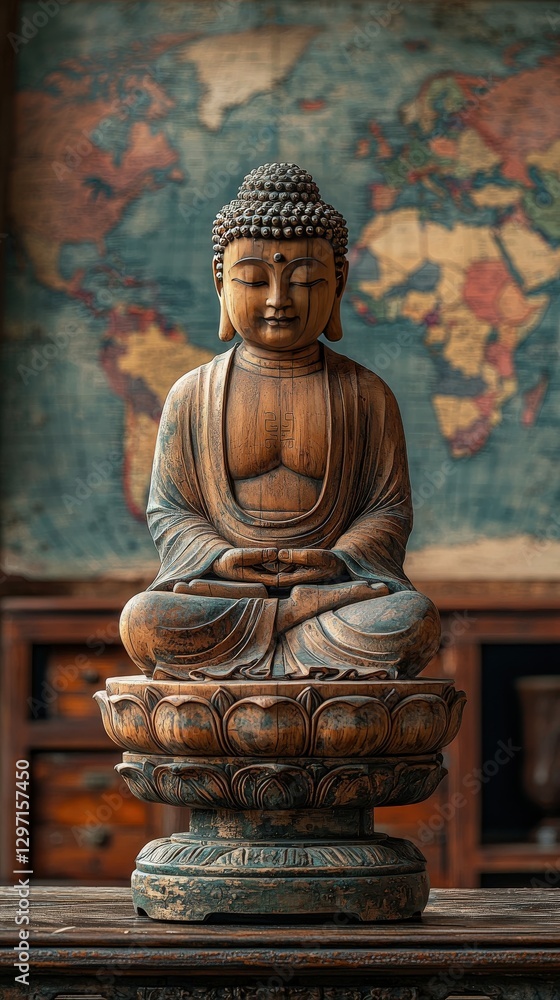 Fototapeta premium Antique Wooden Buddha Statue in Lotus Position