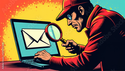 Cyber spy inspecting email on laptop in pop art style