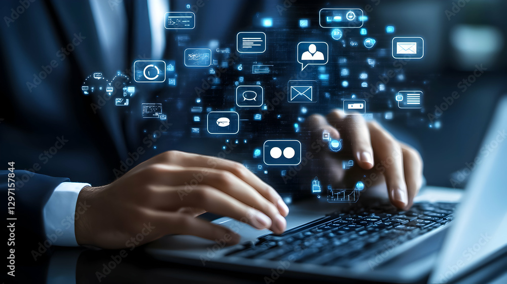 Business professional engaging with digital communication technologies at a desk in a modern office environment Business professional engaging with digital communication technologies at a desk in a modern office environment